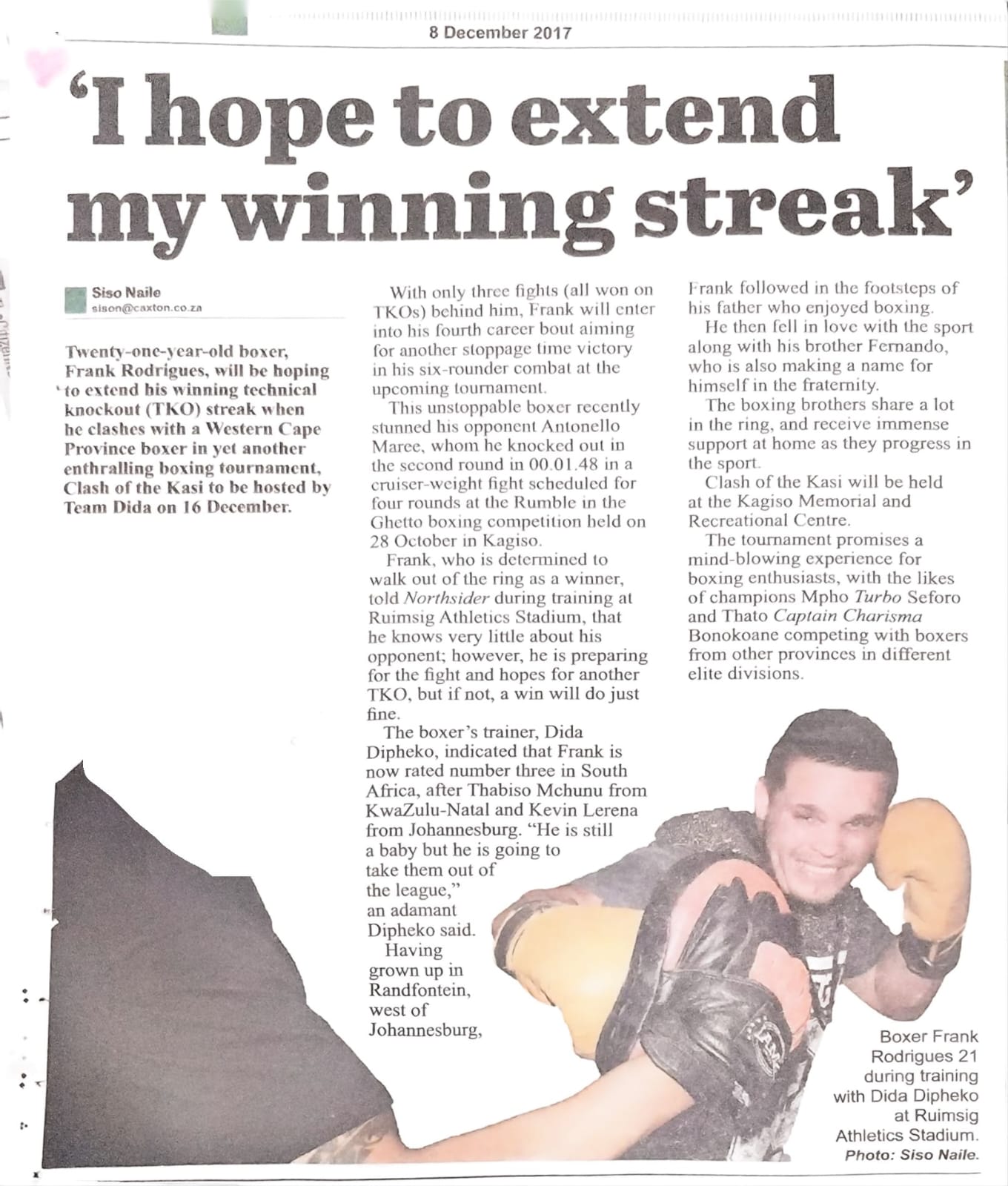 Newspaper coverage of Team Dida boxing promotion