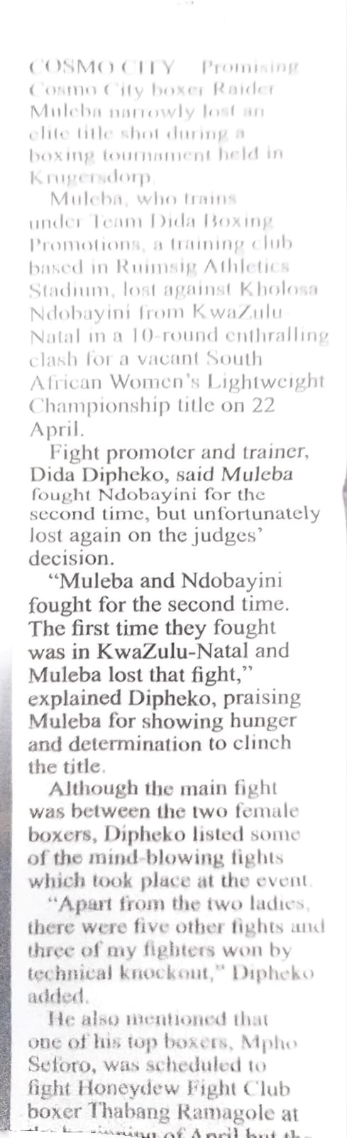 Newspaper coverage of Team Dida boxing promotion